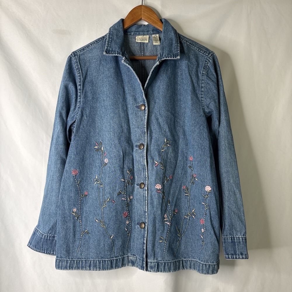 Vtg Classic Elements Cottagecore Blue Denim Button Down Shirt L 14/16 Spring